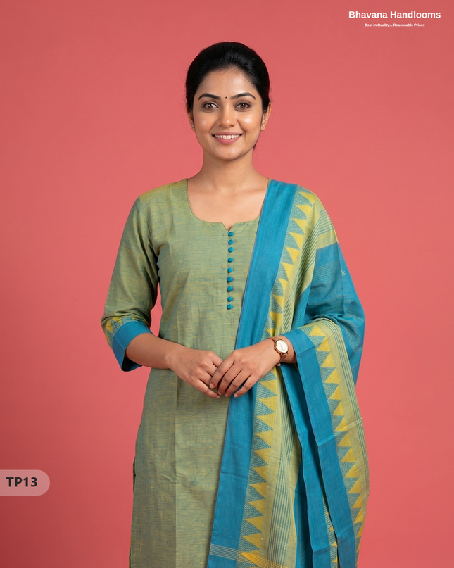 Mangalagiri Cotton 3PC Set with Full-Length Lining & Elastic Pocket Bottom – Sky Blue & Yellow Double Weave