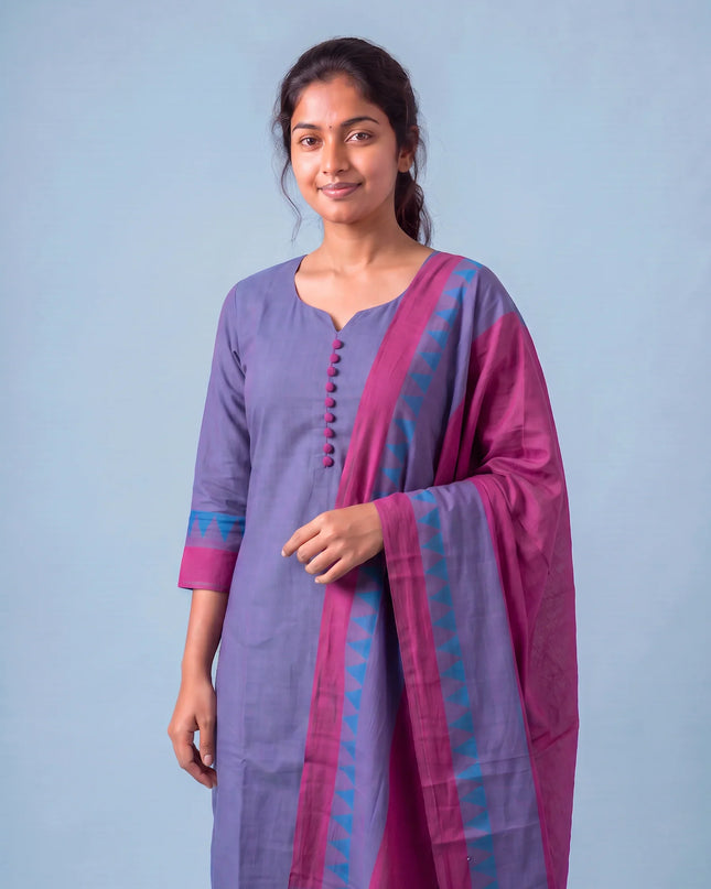 Mangalagiri Cotton Kurti Set with Full-Length Lining & Elastic Pocket Bottom – Dusty Lavender & Blue Double Weave