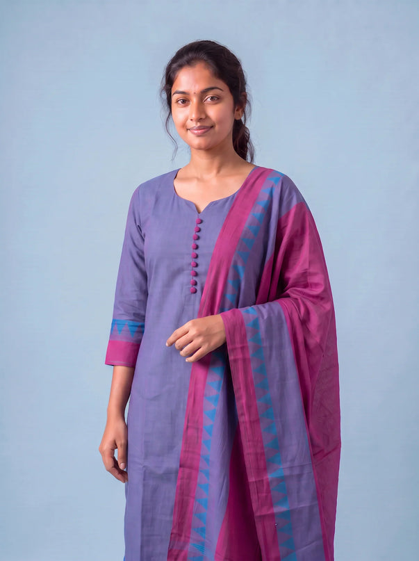 Mangalagiri Cotton Kurti Set with Full-Length Lining & Elastic Pocket Bottom – Dusty Lavender & Blue Double Weave