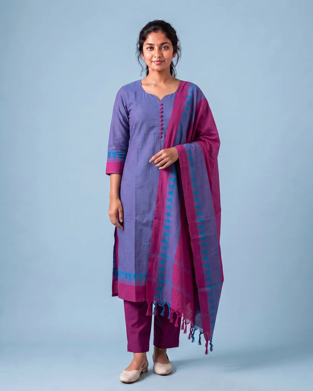 Mangalagiri Cotton Kurti Set with Full-Length Lining & Elastic Pocket Bottom – Dusty Lavender & Blue Double Weave