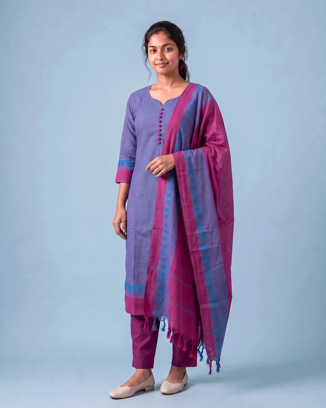 Mangalagiri Cotton Kurti Set with Full-Length Lining & Elastic Pocket Bottom – Dusty Lavender & Blue Double Weave