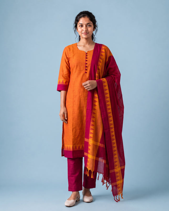 Mangalagiri Cotton 3PC Set with Full-Length Lining & Elastic Pocket Bottom – Orange & Maroon Double Weave