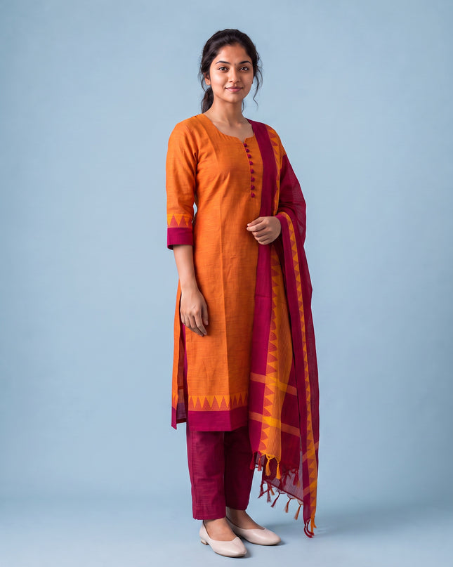 Mangalagiri Cotton 3PC Set with Full-Length Lining & Elastic Pocket Bottom – Orange & Maroon Double Weave