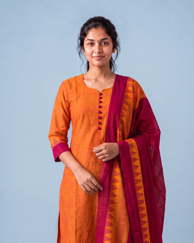 Mangalagiri Cotton 3PC Set with Full-Length Lining & Elastic Pocket Bottom – Orange & Maroon Double Weave