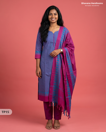 Mangalagiri Cotton 3PC Set with Full-Length Lining & Elastic Pocket Bottom – Dusty Lavender & Blue Double Weave