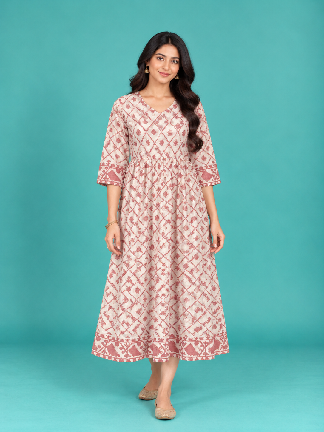 Light Pink Diamond Motif Handloom Cotton Frock with Half Lining | Ready to Wear