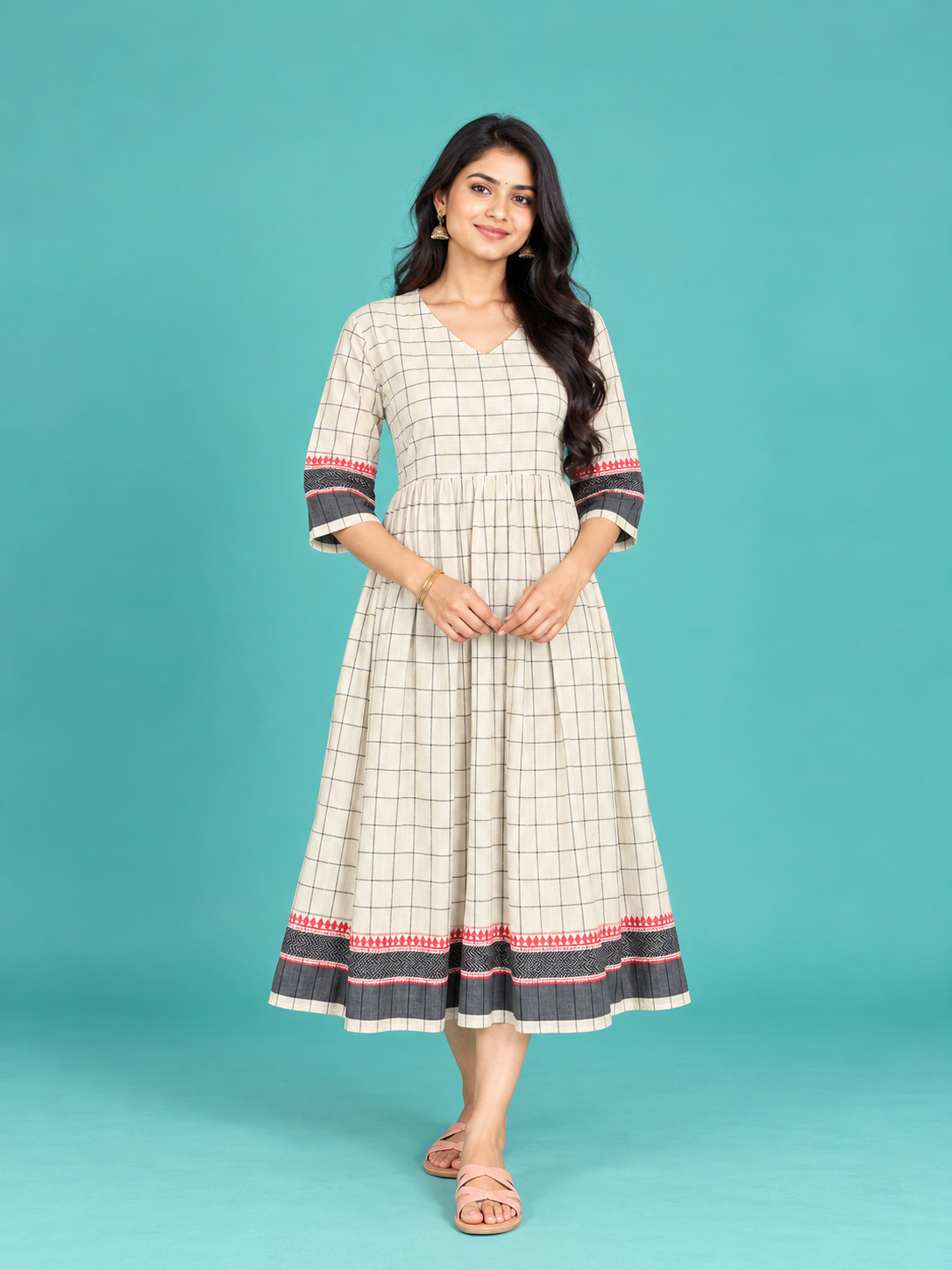 Off-White Checked Handloom Cotton Frock with Half Lining | Ready to Wear