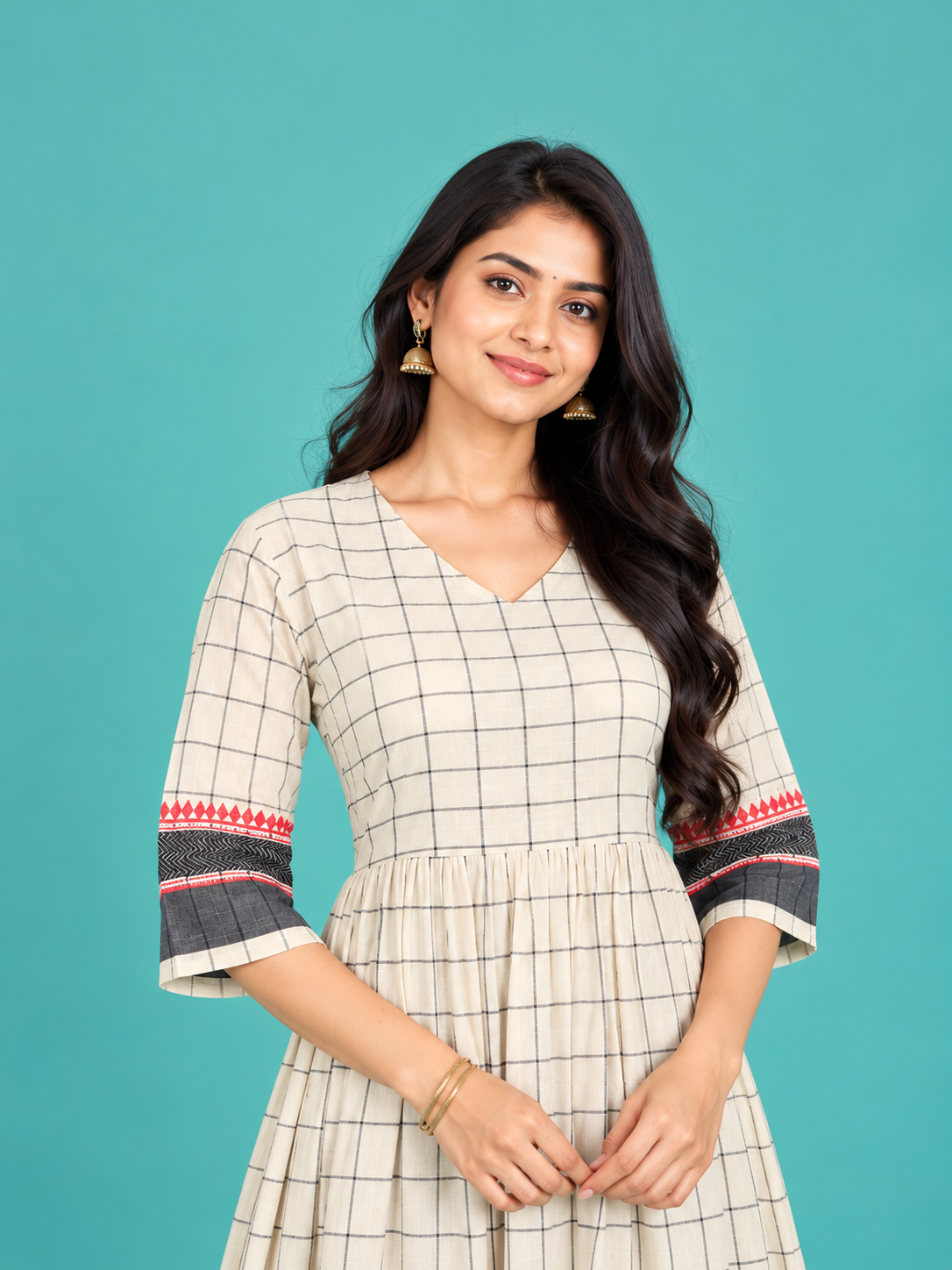 Off-White Checked Handloom Cotton Frock with Half Lining | Ready to Wear