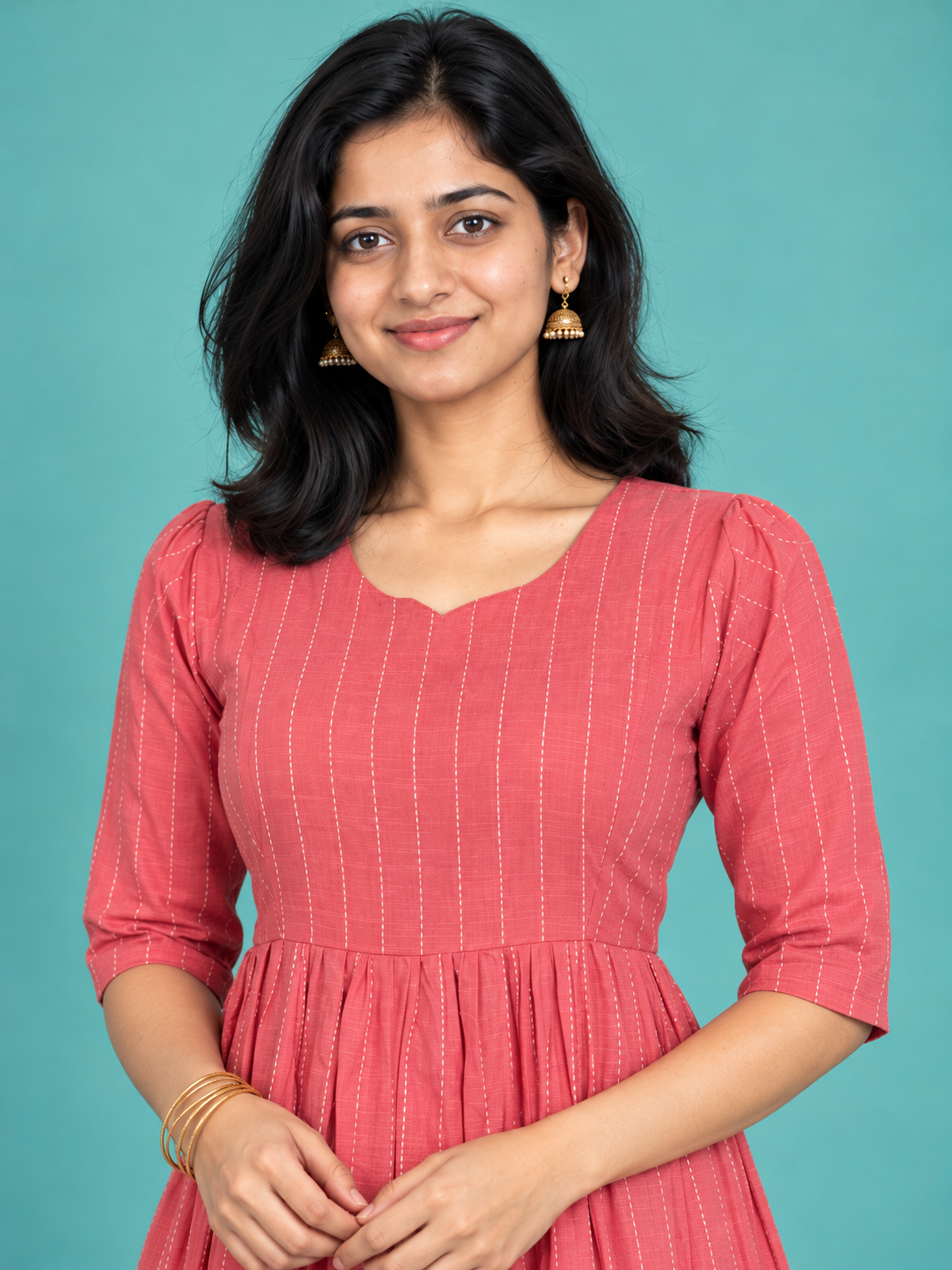 Coral Red Pinstripe Handloom Cotton Frock with Half Lining | Ready to Wear