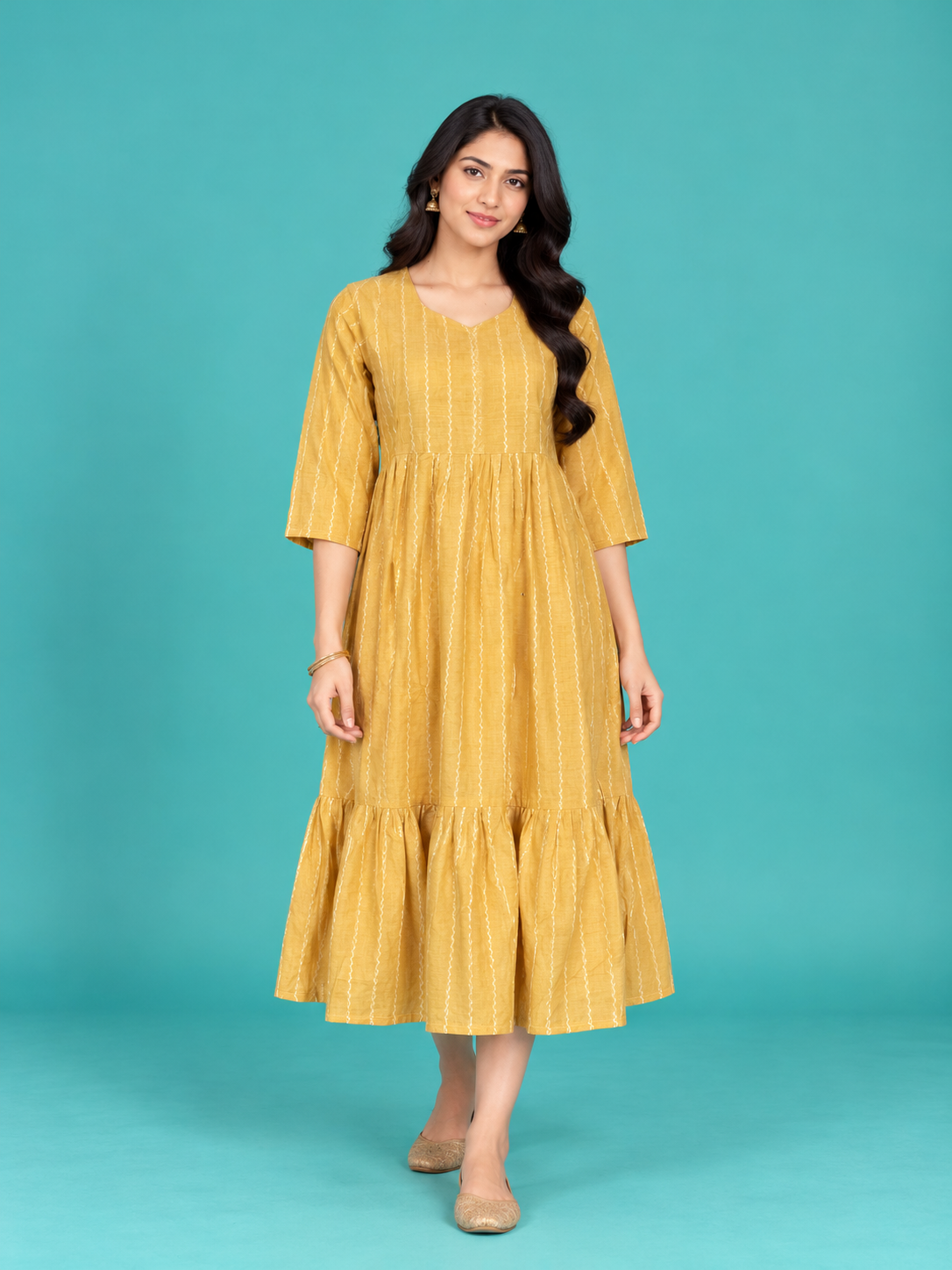 Mustard Yellow Stripe Handloom Cotton Frock with Half Lining | Ready to Wear