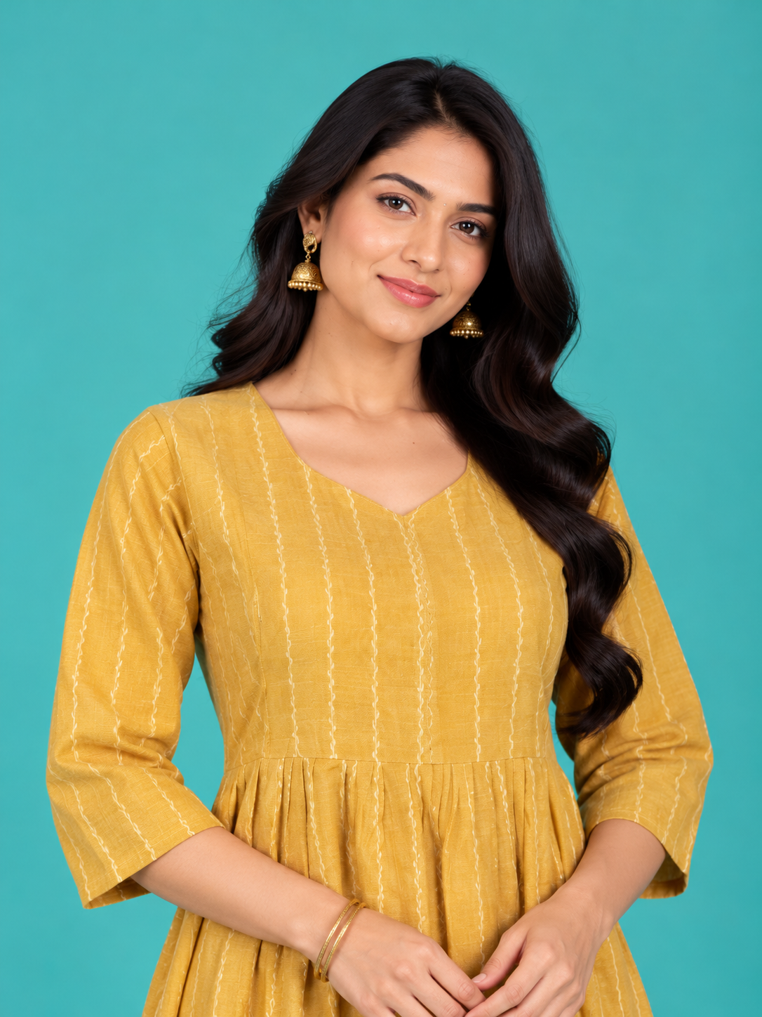 Mustard Yellow Stripe Handloom Cotton Frock with Half Lining | Ready to Wear
