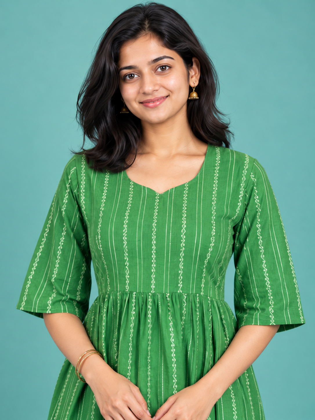 Green Stripe Handloom Cotton Frock with Half Lining | Ready to Wear