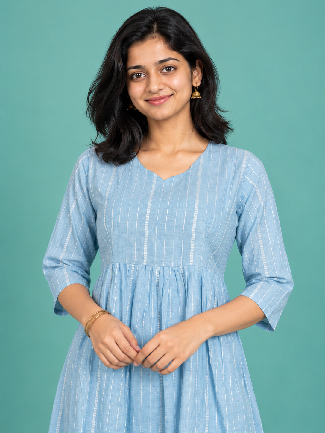 Sky Blue Stripe Handloom Cotton Frock with Half Lining | Ready to Wear