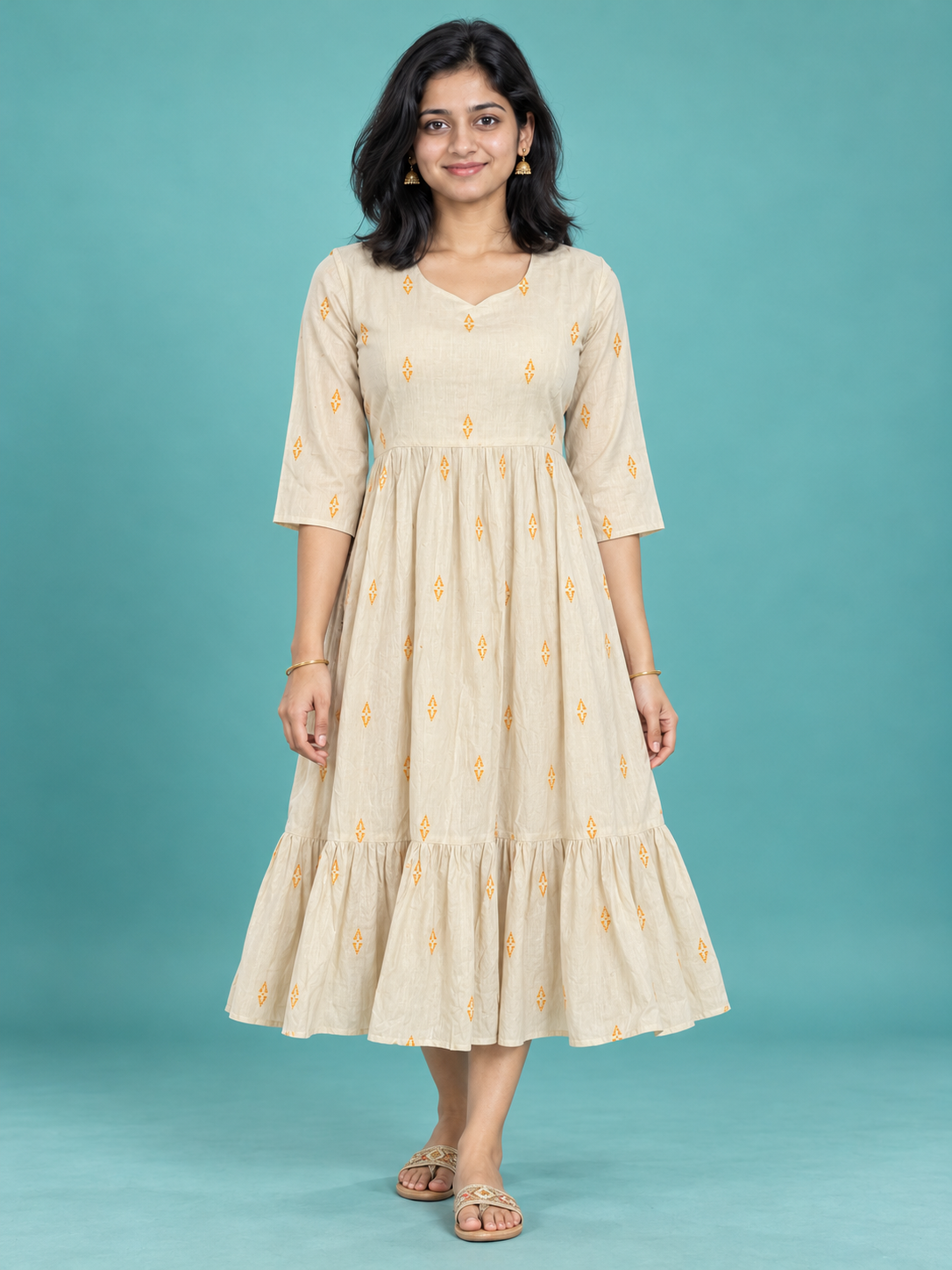 Cream Yellow Butti Handloom Cotton Frock with Half Lining | Ready to Wear