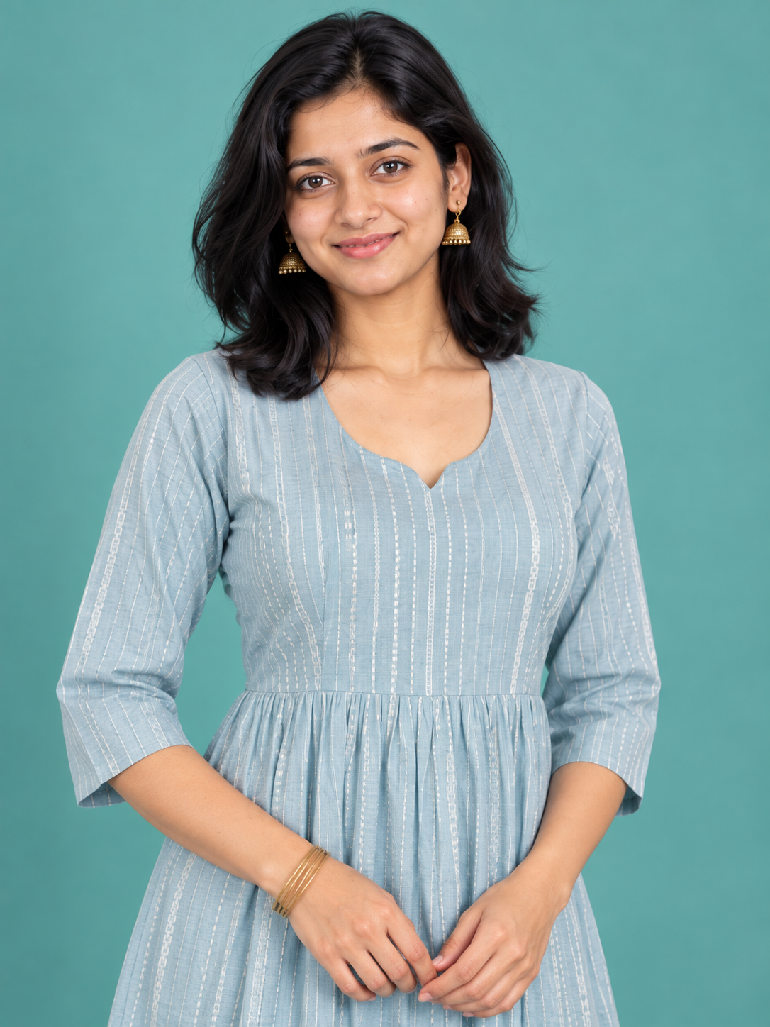 Powder Blue Stripe Handloom Cotton Frock with Half Lining | Ready to Wear
