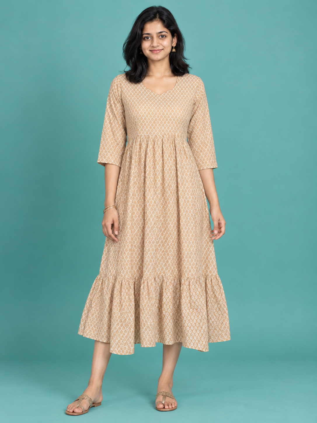 Beige Diamond Print Handloom Cotton Frock with Half Lining | Ready to Wear