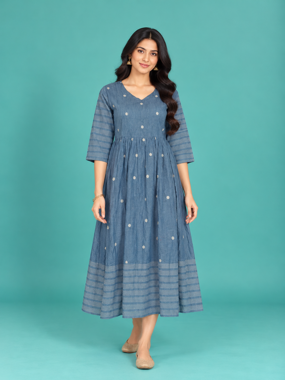 Denim Blue Polka Dot Handloom Cotton Frock with Half Lining | Ready to Wear