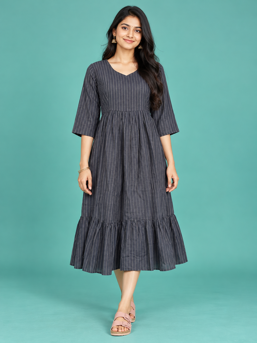 Charcoal Grey Pinstripe Handloom Cotton Frock with Half Lining | Ready to Wear