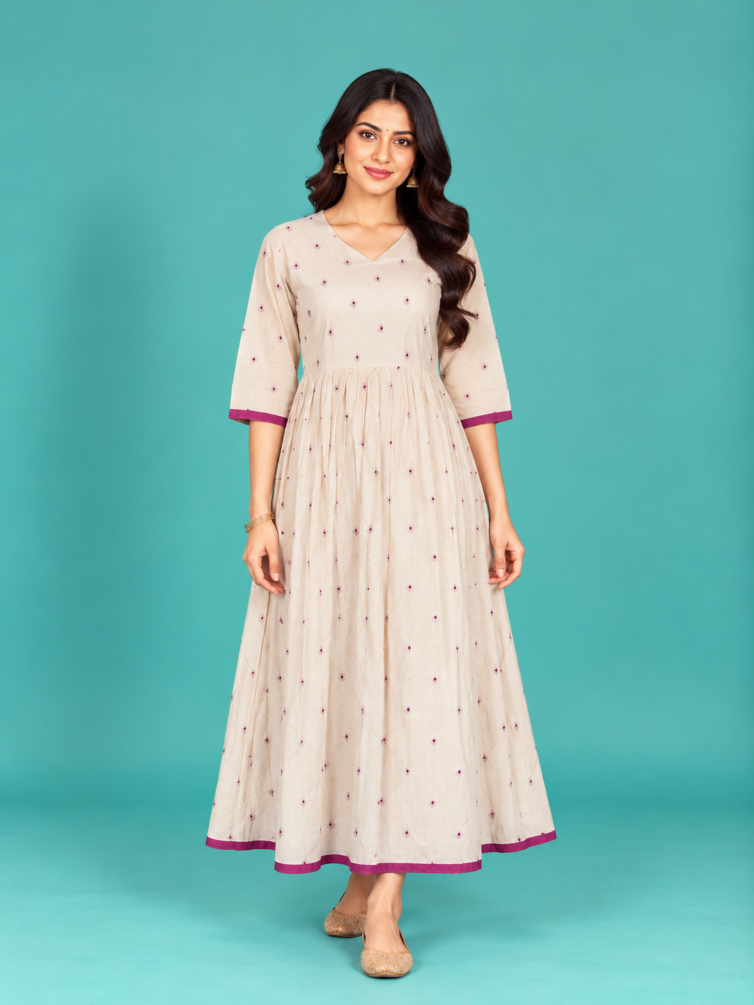 Off-White Pink Butti Handloom Cotton Frock with Half Lining | Ready to Wear
