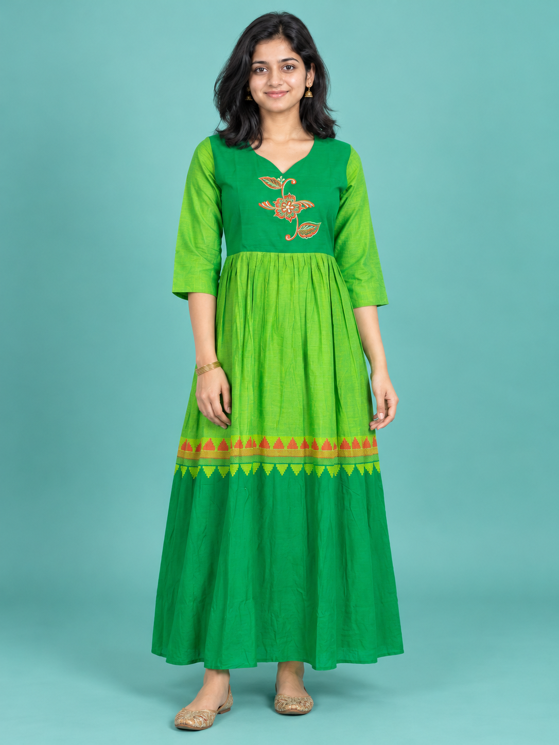Green & Parrot Green Flower Embroidered Handloom Cotton Frock with Half Lining | Ready to Wear