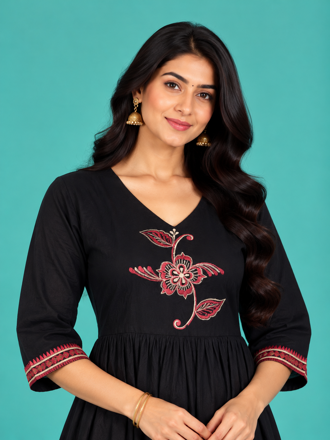 Black Floral Embroidered Handloom Cotton Frock with Half Lining | Ready to Wear
