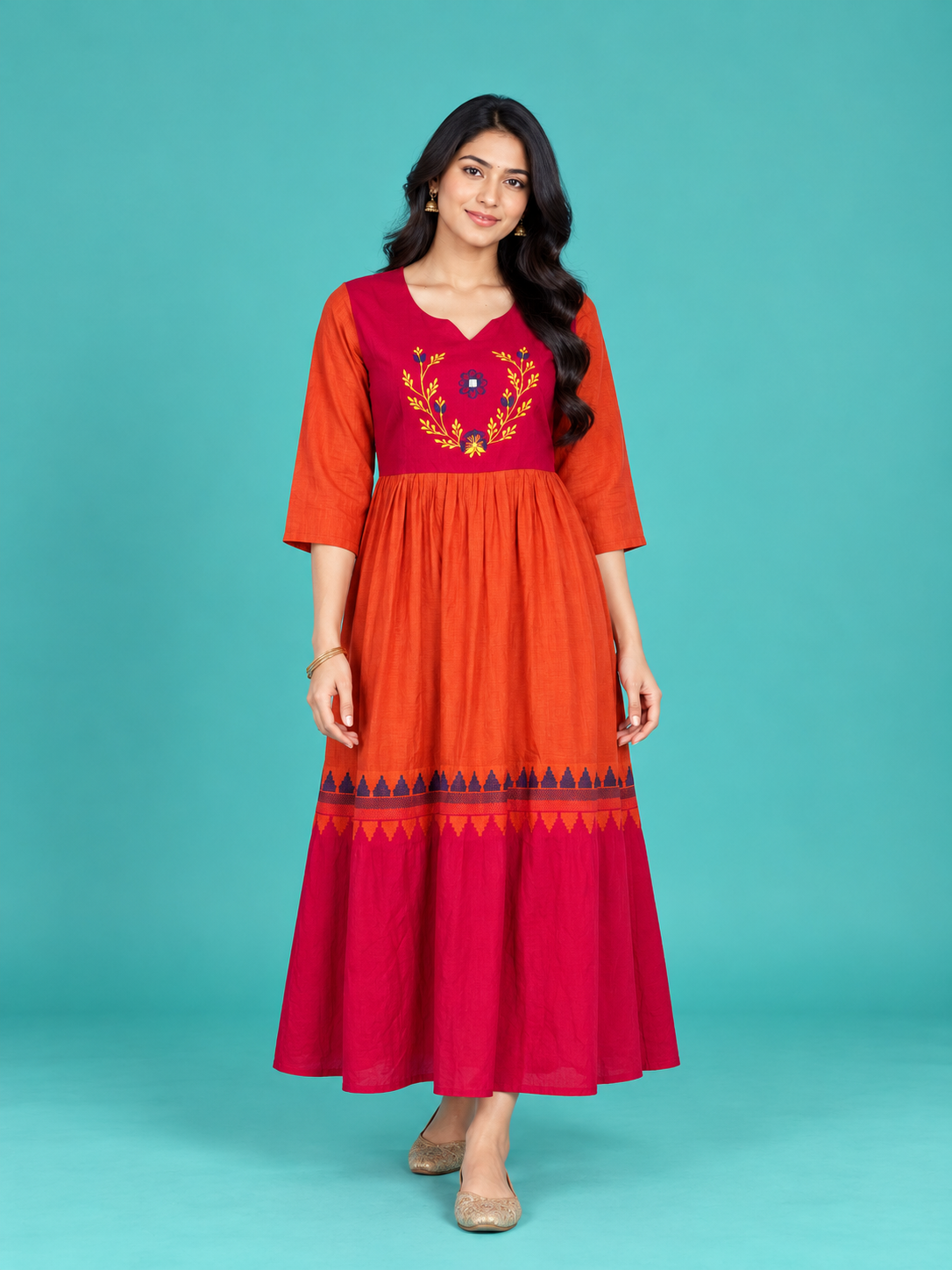 Magenta & Orange Embroidered Handloom Cotton Frock with Half Lining | Ready to Wear