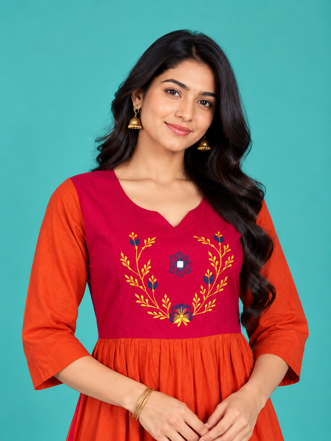 Magenta & Orange Embroidered Handloom Cotton Frock with Half Lining | Ready to Wear