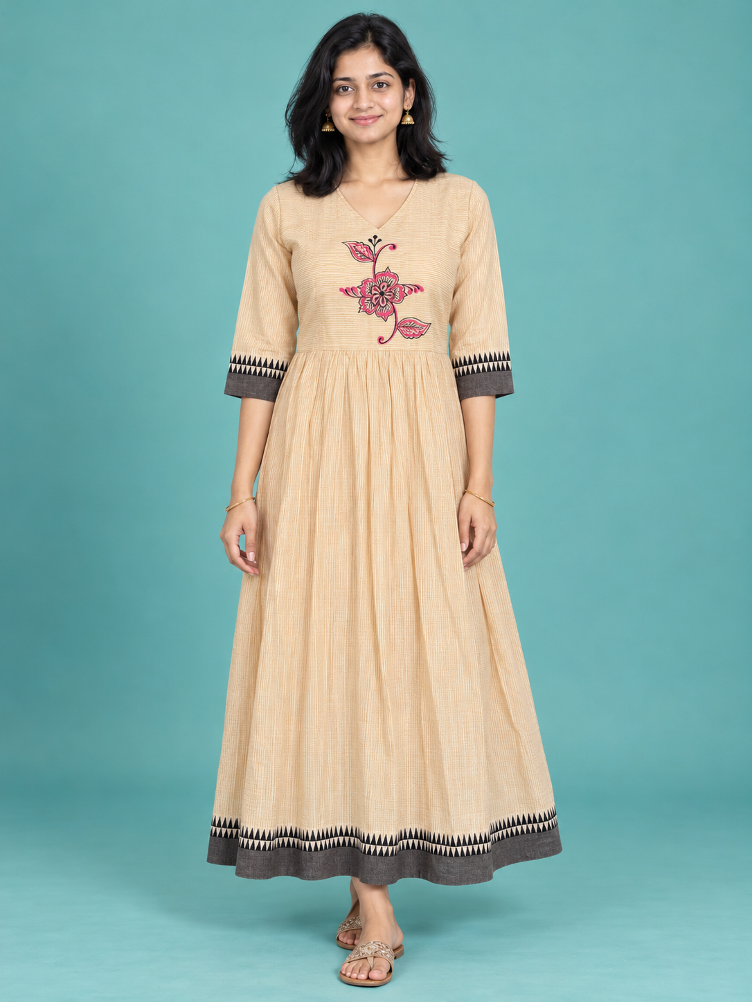 Beige Floral Embroidered Handloom Cotton Frock with Half Lining | Ready to Wear