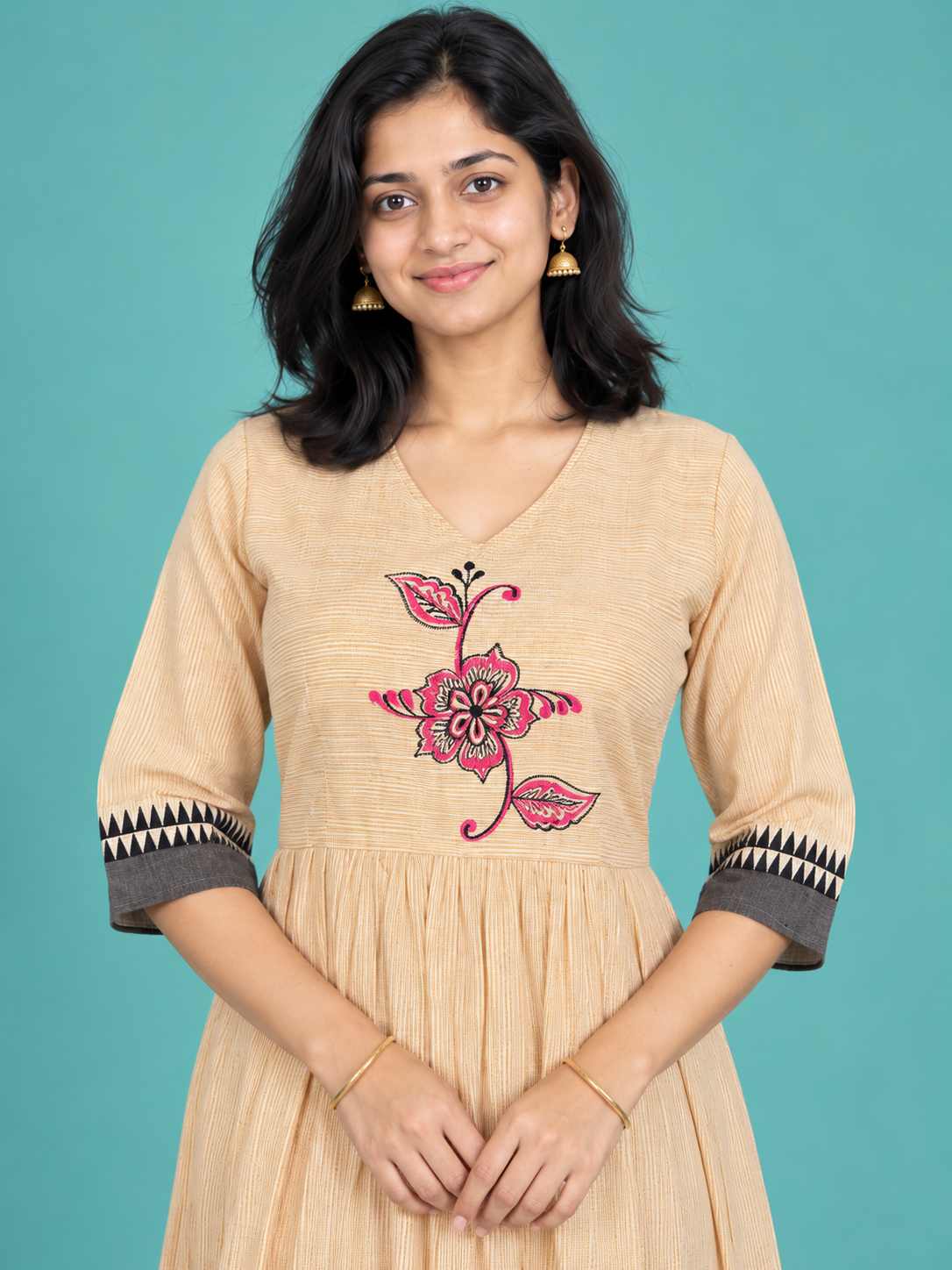 Beige Floral Embroidered Handloom Cotton Frock with Half Lining | Ready to Wear