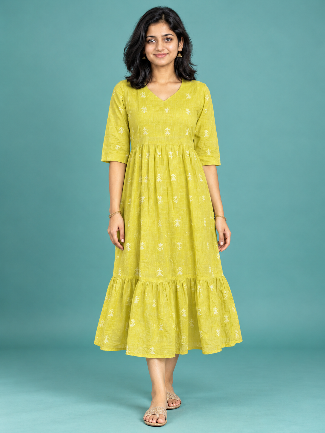 Lime Yellow Butti Handloom Cotton Frock with Half Lining | Ready to Wear
