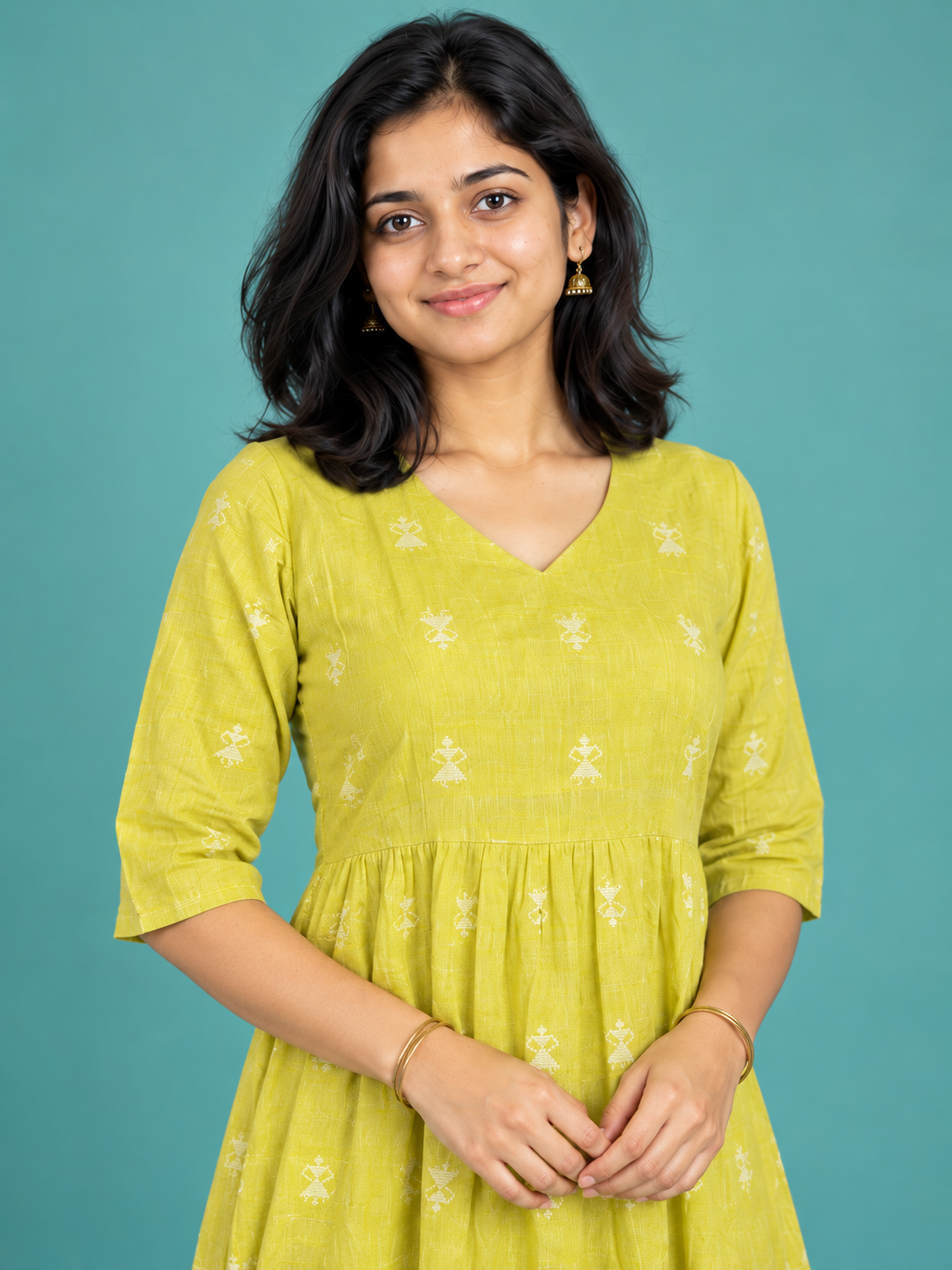 Lime Yellow Butti Handloom Cotton Frock with Half Lining | Ready to Wear