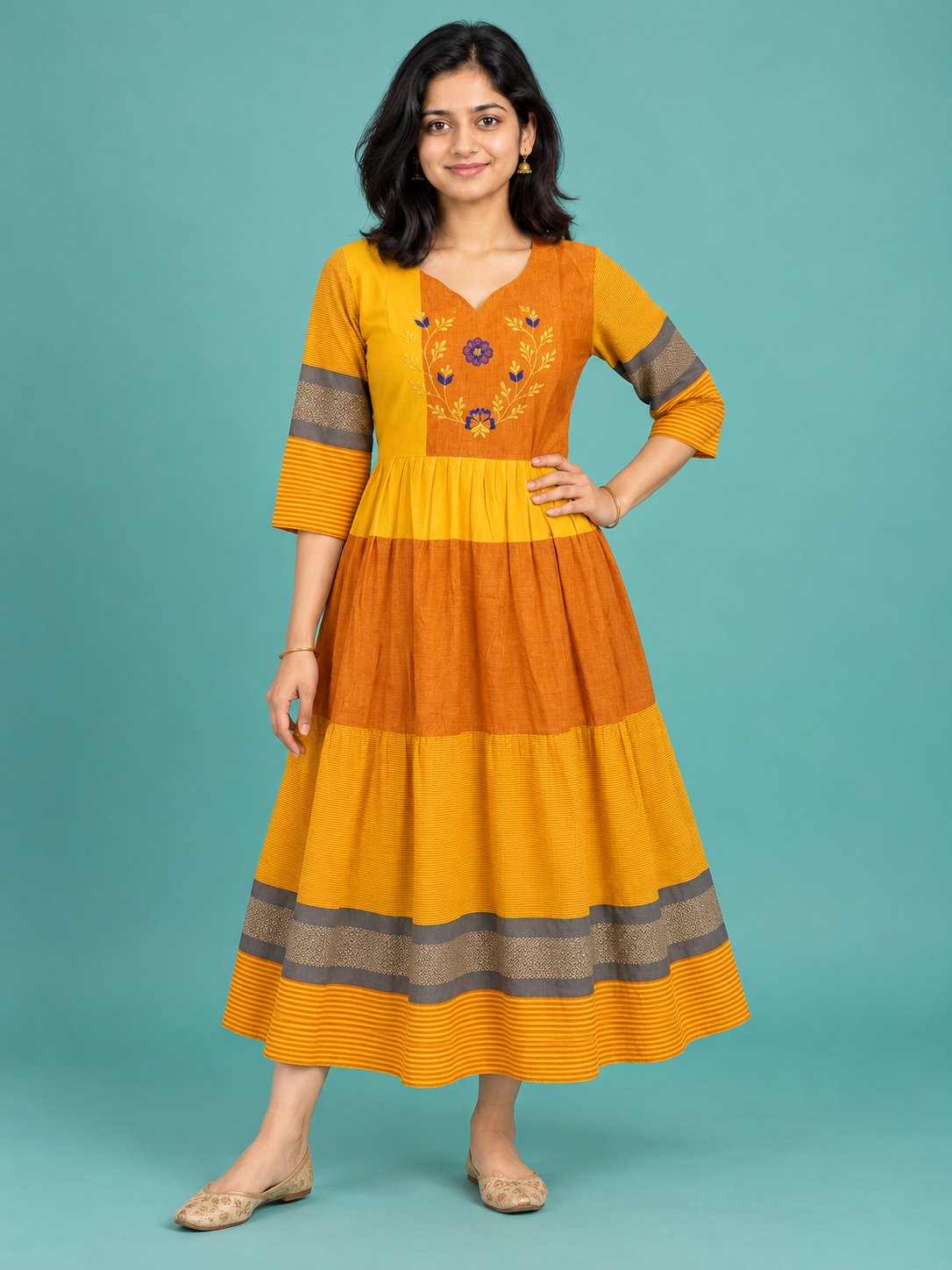 Mustard & Orange Embroidered Handloom Cotton Frock with Half Lining | Ready to Wear – photo 1