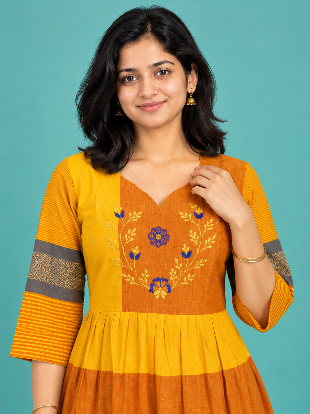 Mustard & Orange Embroidered Handloom Cotton Frock with Half Lining | Ready to Wear – photo 2