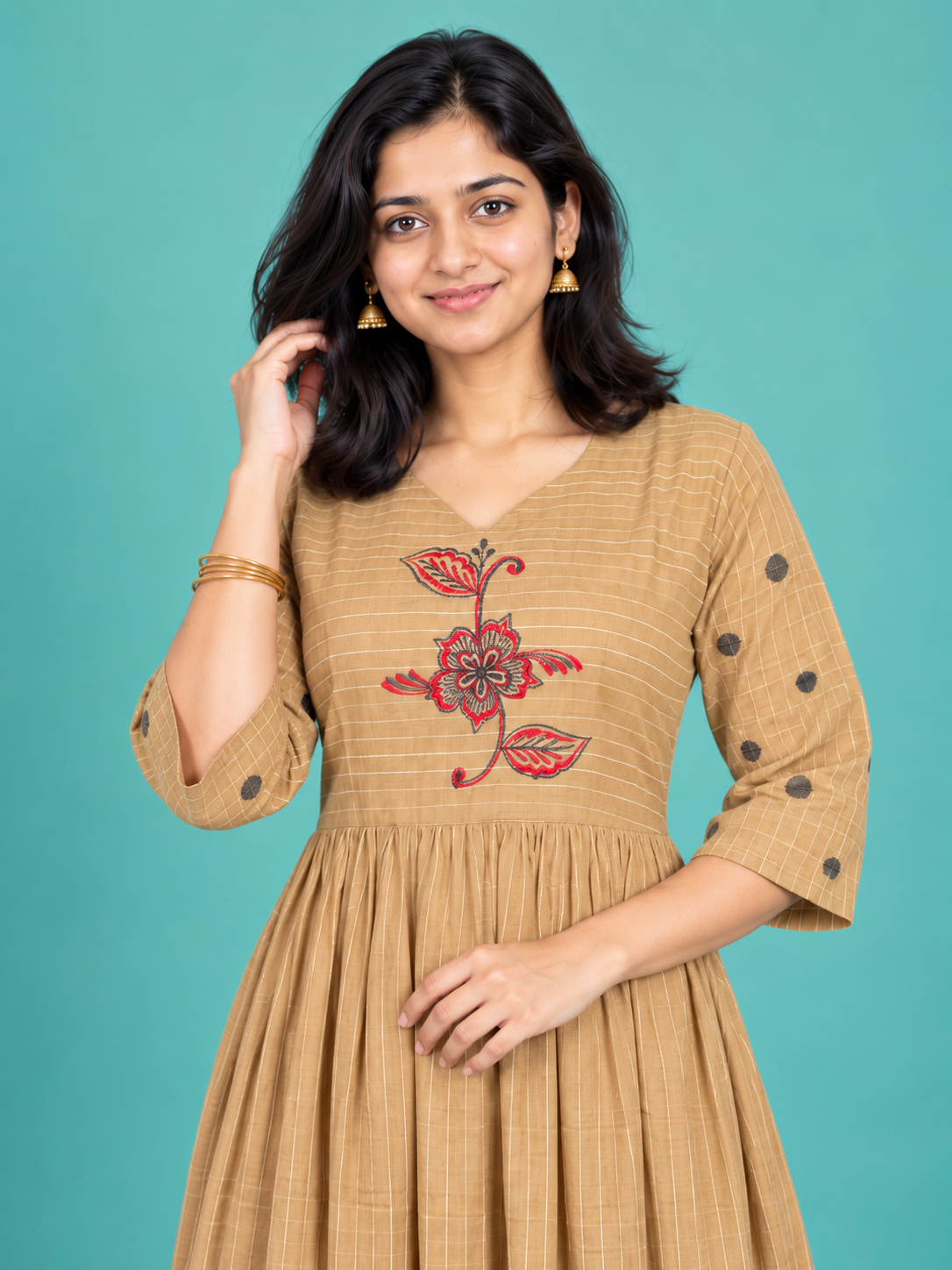 Camel Beige Floral Embroidered Handloom Cotton Frock with Half Lining | Ready to Wear – photo 2