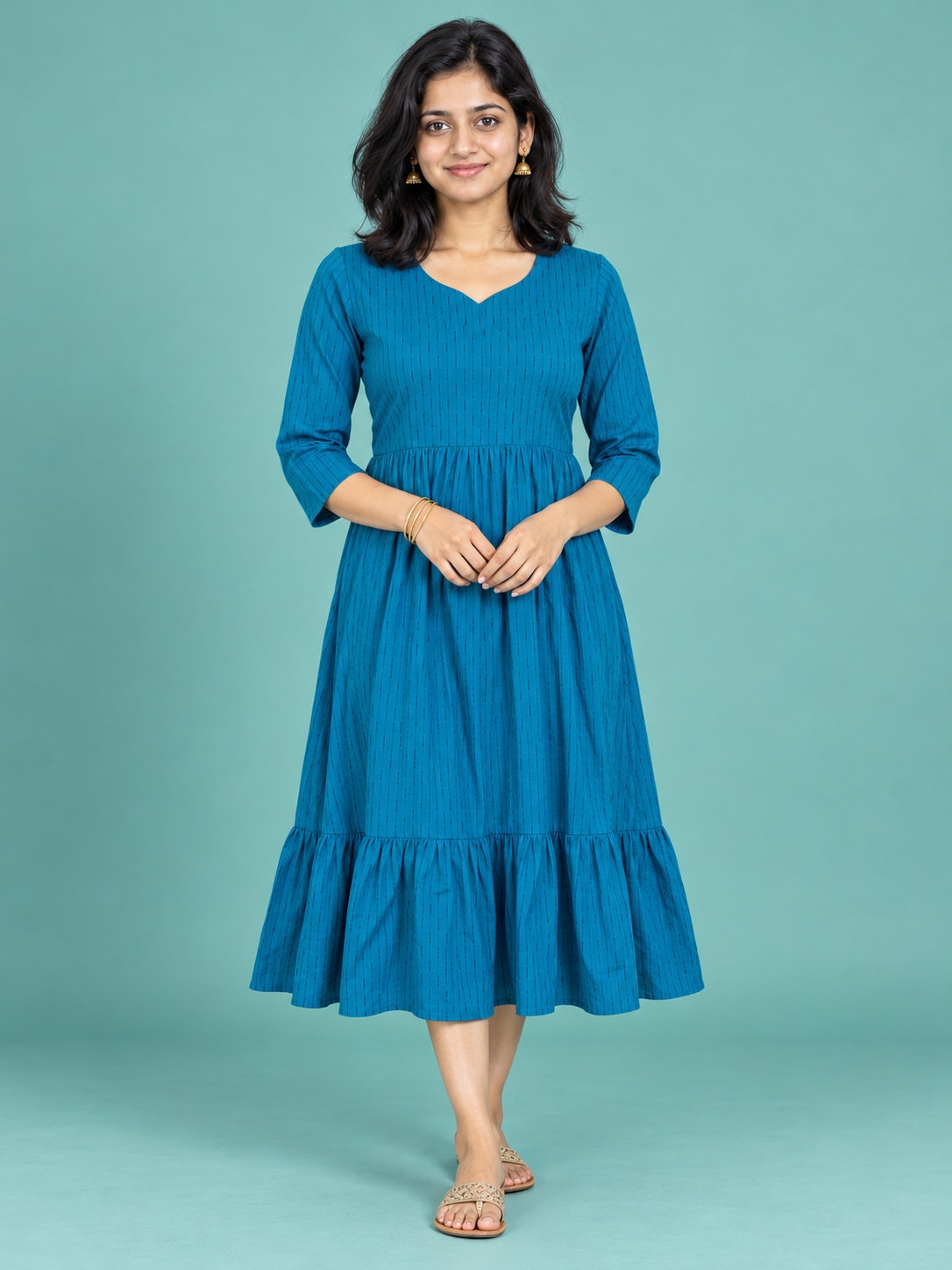 Peacock Blue Stripe Handloom Cotton Frock with Half Lining | Ready to Wear – photo 1