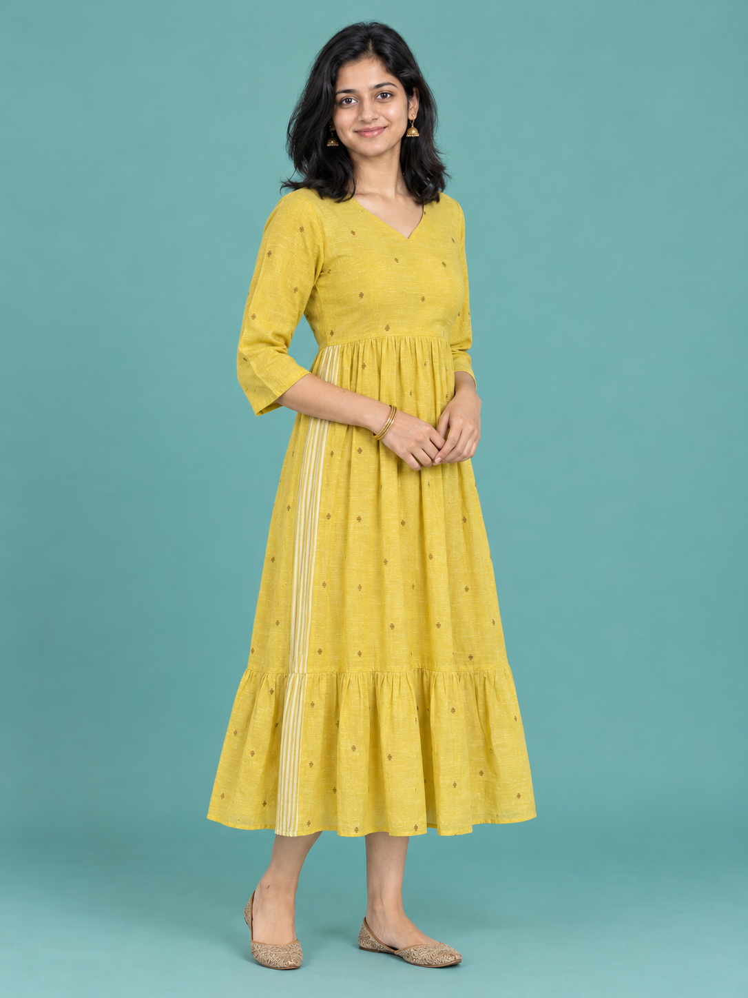 Lemon Yellow Butti Handloom Cotton Frock with Half Lining | Ready to Wear – photo 1