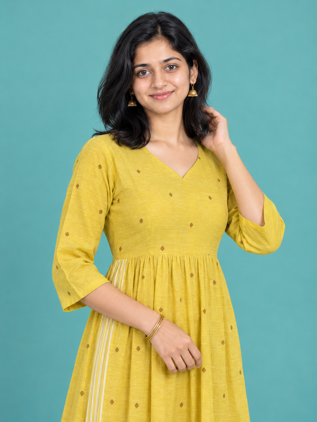 Lemon Yellow Butti Handloom Cotton Frock with Half Lining | Ready to Wear – photo 2