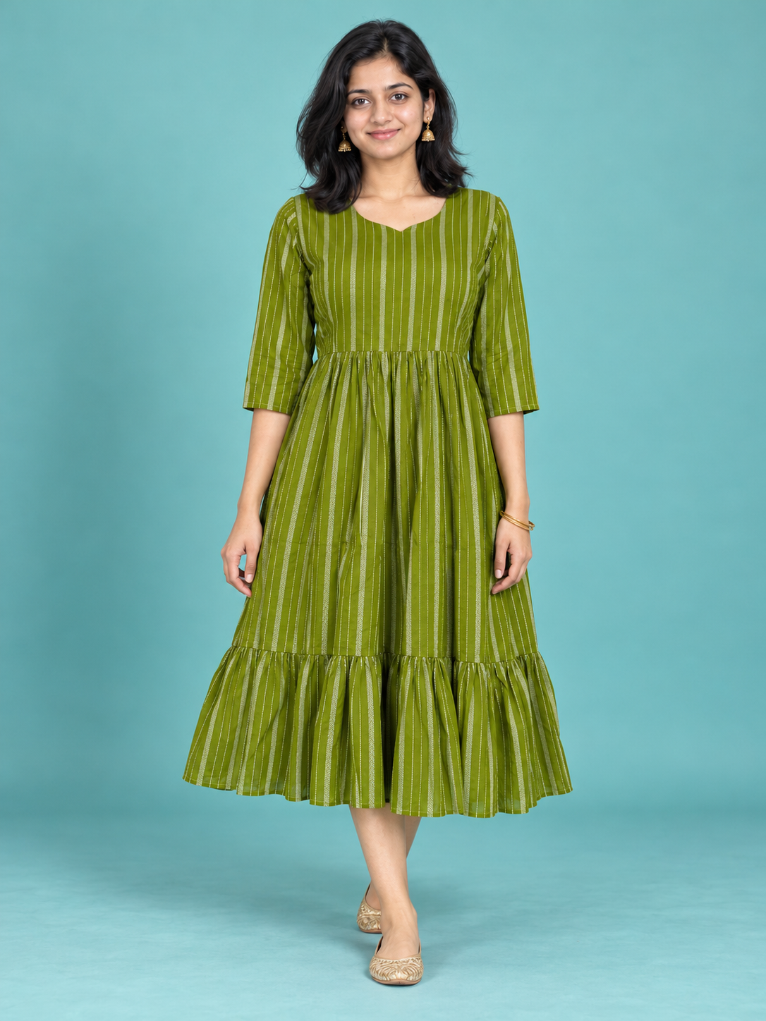 Moss Green Woven Stripe Handloom Cotton Frock with Half Lining | Ready to Wear – photo 1