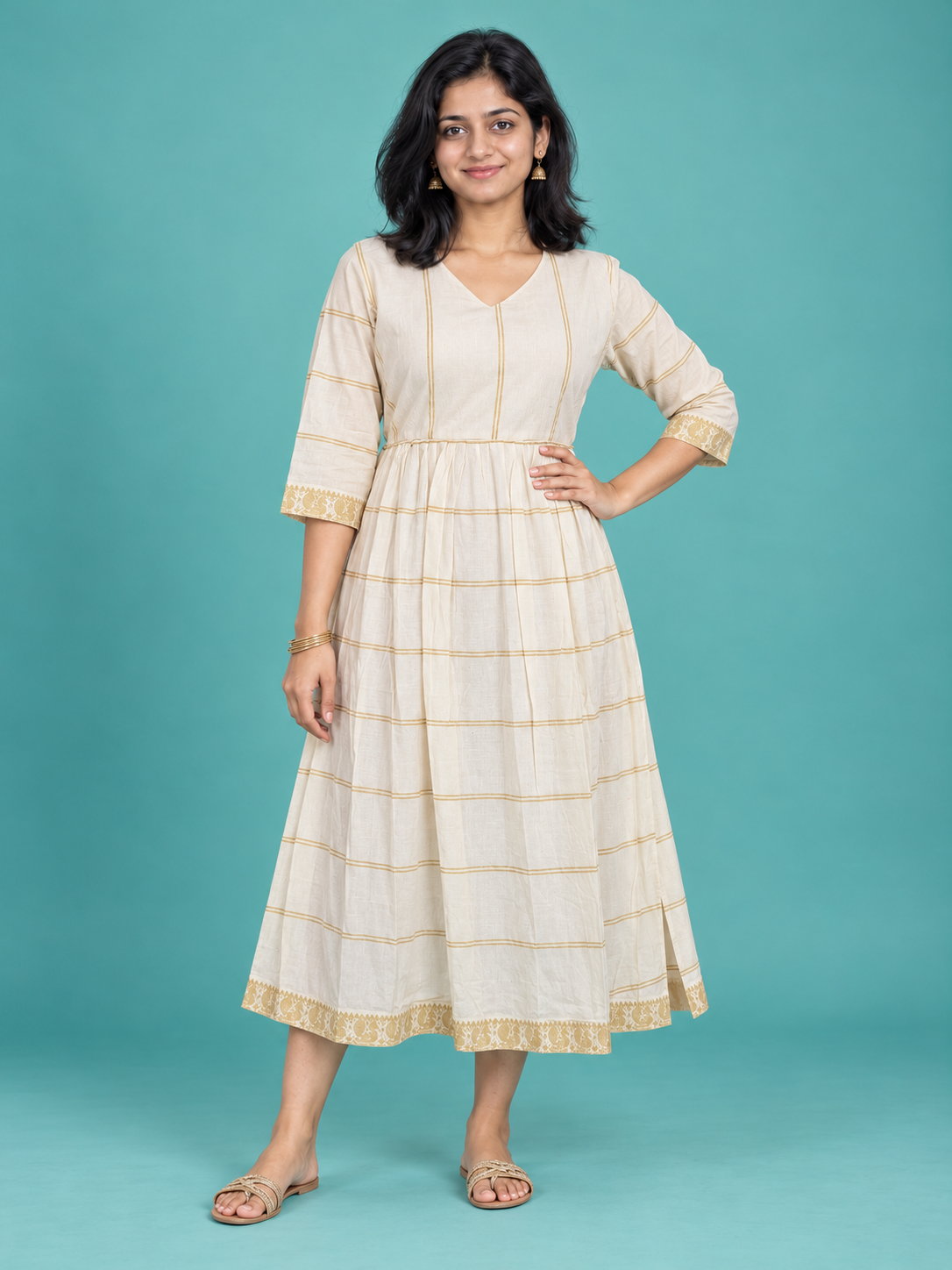 Off-White Gold Checked Handloom Cotton Frock with Half Lining | Ready to Wear – photo 1