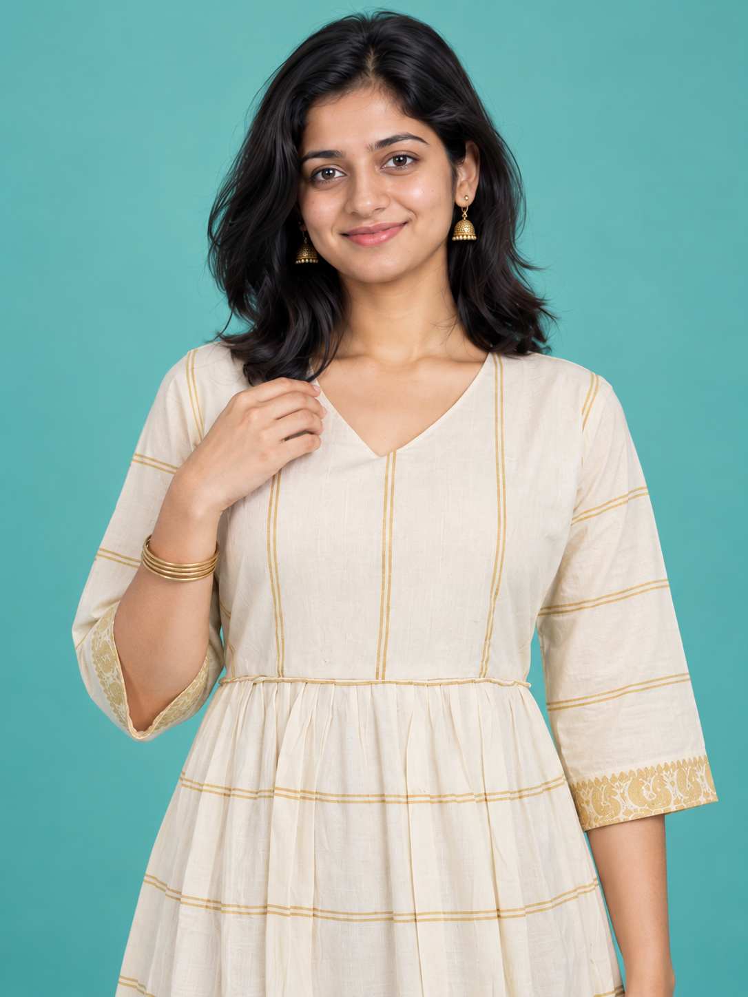 Off-White Gold Checked Handloom Cotton Frock with Half Lining | Ready to Wear – photo 2