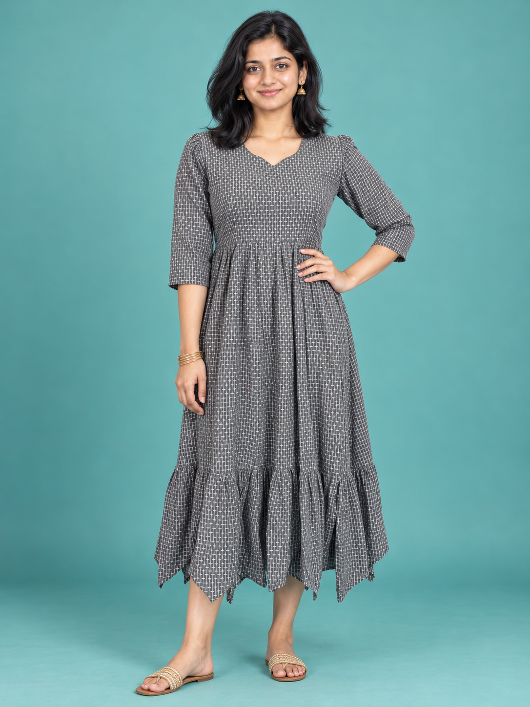 Charcoal Grey Dobby Handloom Cotton Frock with Half Lining | Ready to Wear – photo 1