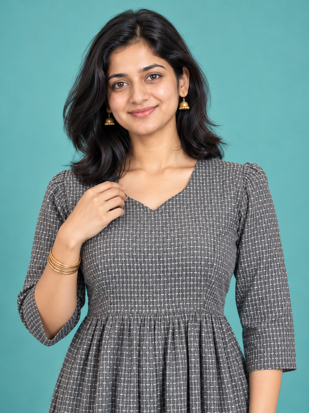 Charcoal Grey Dobby Handloom Cotton Frock with Half Lining | Ready to Wear – photo 2