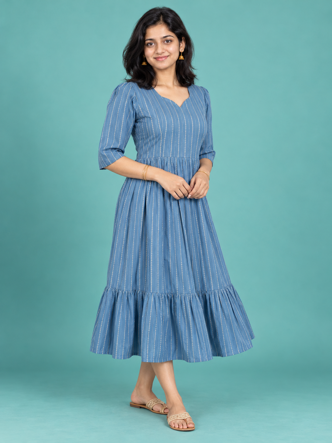 Denim Blue Stripe Handloom Cotton Frock with Half Lining | Ready to Wear – photo 1