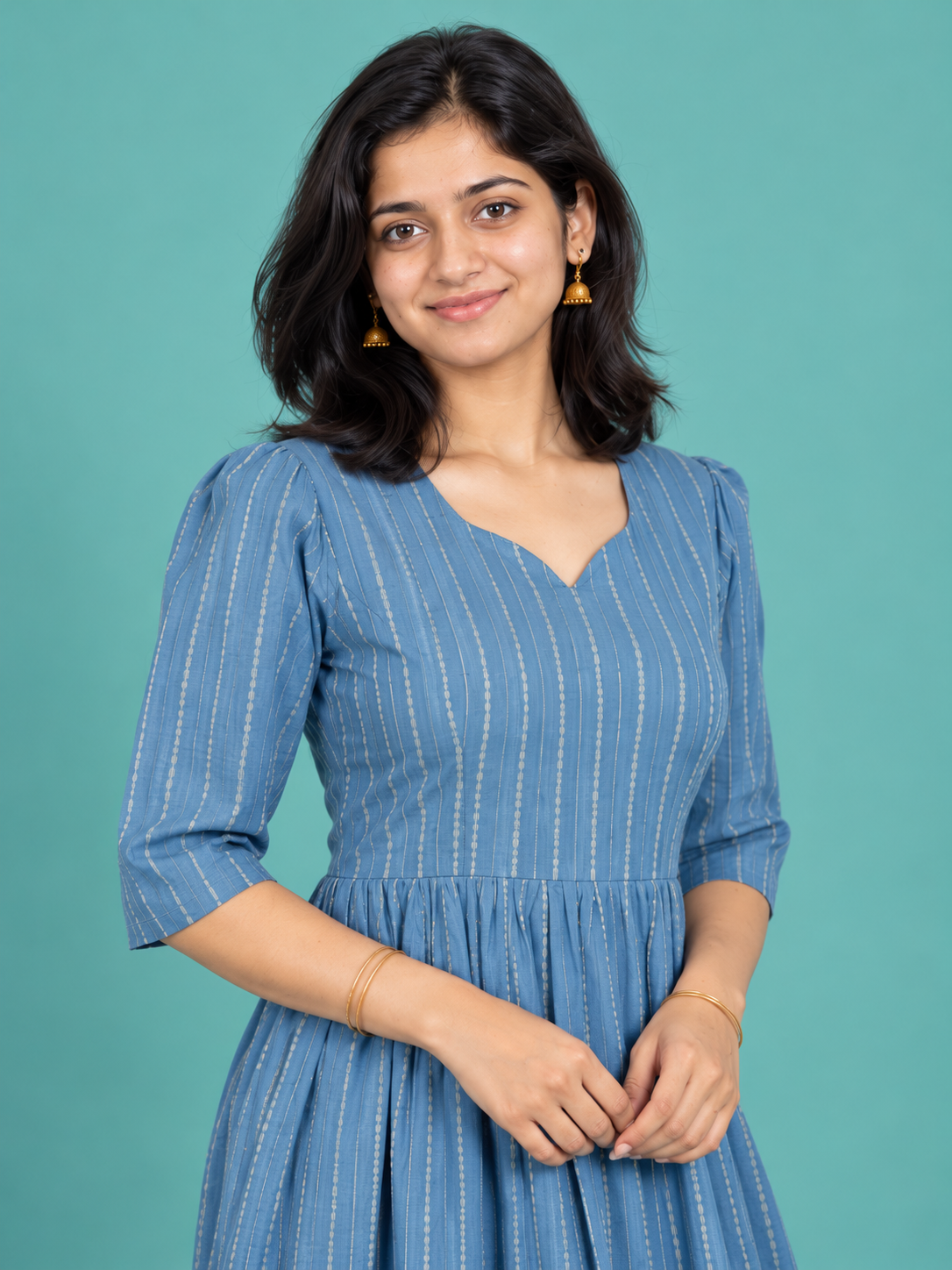 Denim Blue Stripe Handloom Cotton Frock with Half Lining | Ready to Wear – photo 2