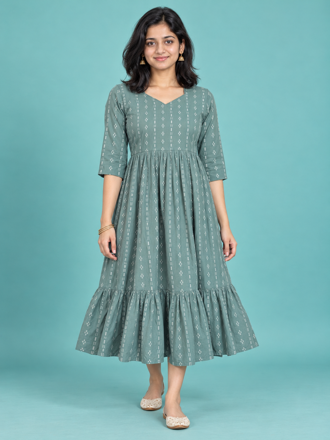 Sage Green Butti Handloom Cotton Frock with Half Lining | Ready to Wear – photo 1