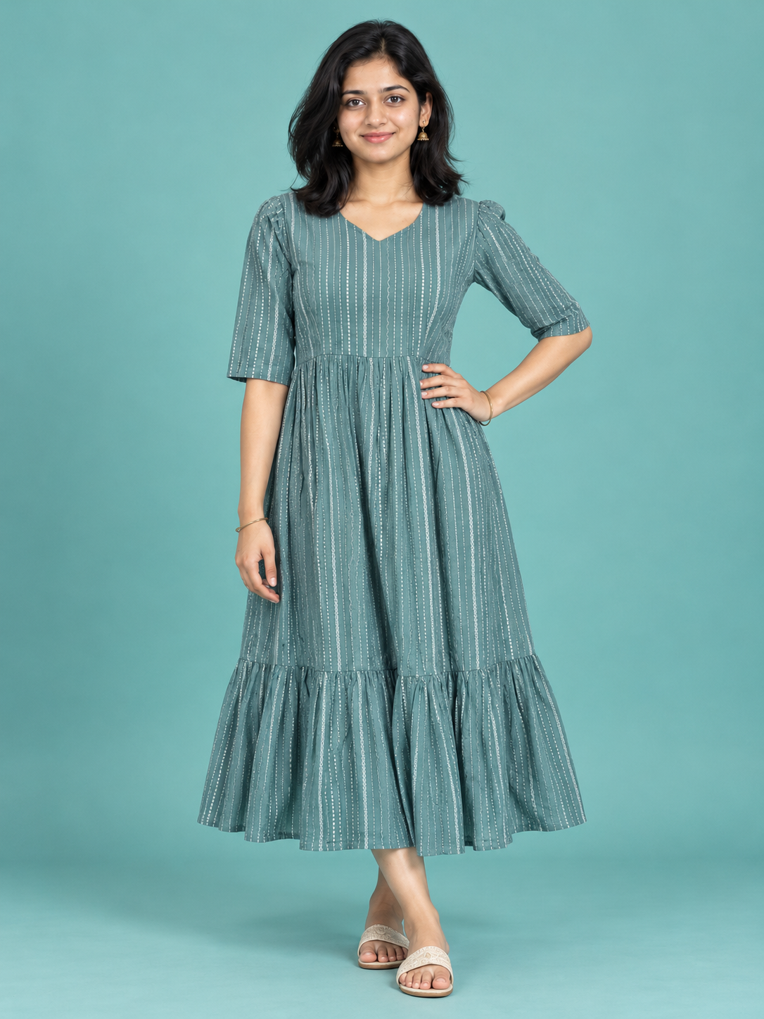 Sage Green Pinstripe Handloom Cotton Frock with Half Lining | Ready to Wear – photo 1