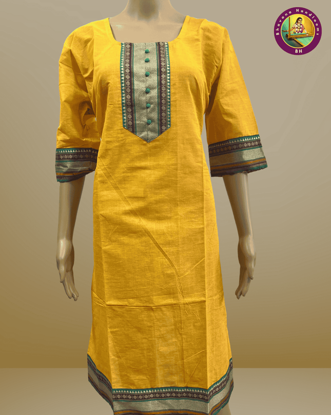 Handloom Straight Cut Kurtis Without Lining With Yellow Color