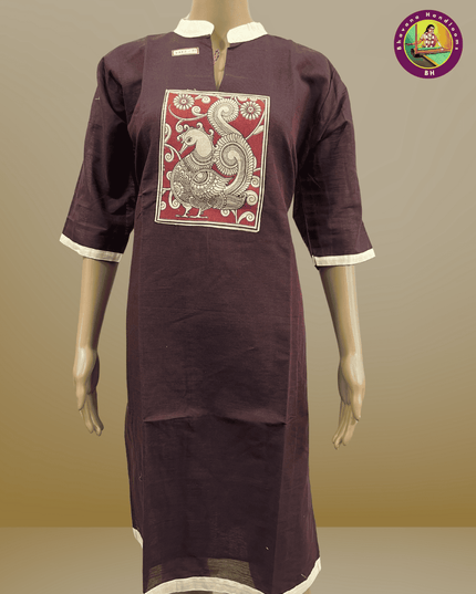 Handloom Straight Cut Colar Kurtis With Chocolate Color