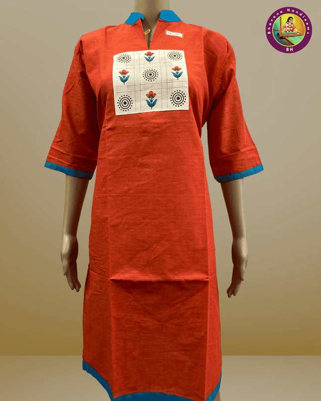 Handloom Straight Cut Colar Kurtis With Orange Color