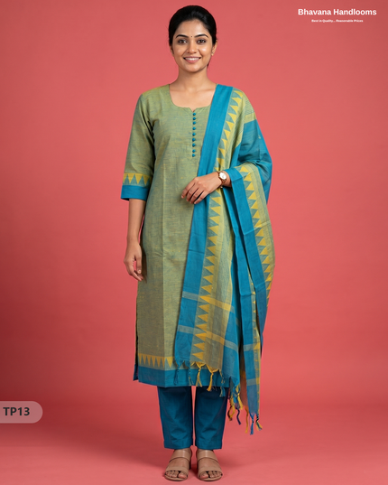Mangalagiri Cotton 3PC Set with Full-Length Lining & Elastic Pocket Bottom – Sky Blue & Yellow Double Weave